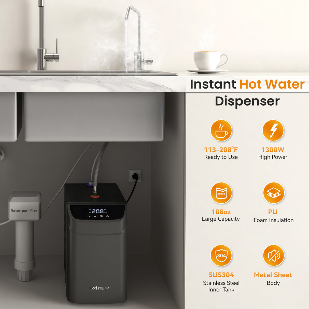 WINTEMP Instant Hot Water Dispenser — 208°F Compact Under-Sink Unit with Wi-Fi Smart Control & Child-Lock Hot-Only Faucet