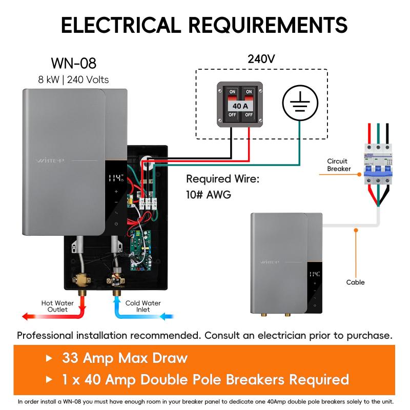 Chauffe-eau électrique sans réservoir WN08 Gray 240 V/8 kW au point d'utilisation